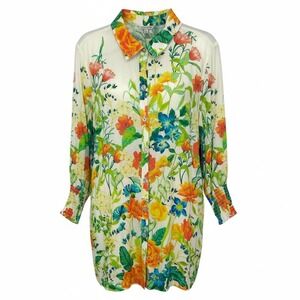 JOHN MARK Womens Size M Floral Print Button Up Shirt Long Tunic Side Slits NEW